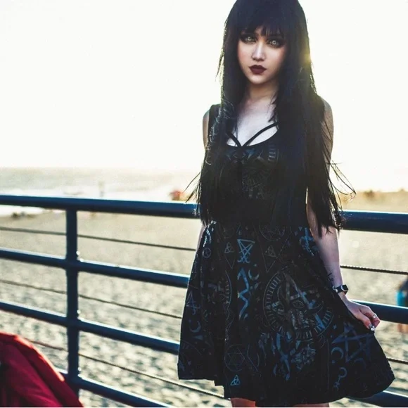 Killstar Vicky Veil Black Skater Dress Occult Print Size Medium - Picture 3 of 14